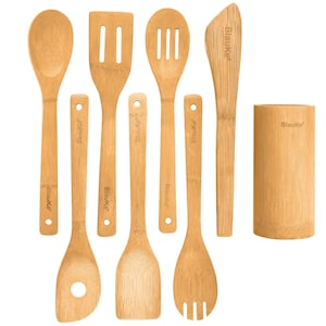 Bamboo Kitchen Utensils Set 8-Pack - Wooden Spatula Cooking Spoon Fork Turner Kitchen Tongs, Utensil Holder - Wooden Cooking Utensils Set