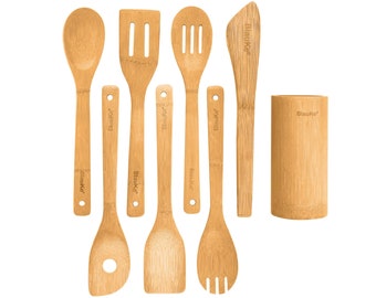 Bamboo Kitchen Utensils Set 8-Pack - Wooden Spatula Cooking Spoon Fork Turner Kitchen Tongs, Utensil Holder - Wooden Cooking Utensils Set