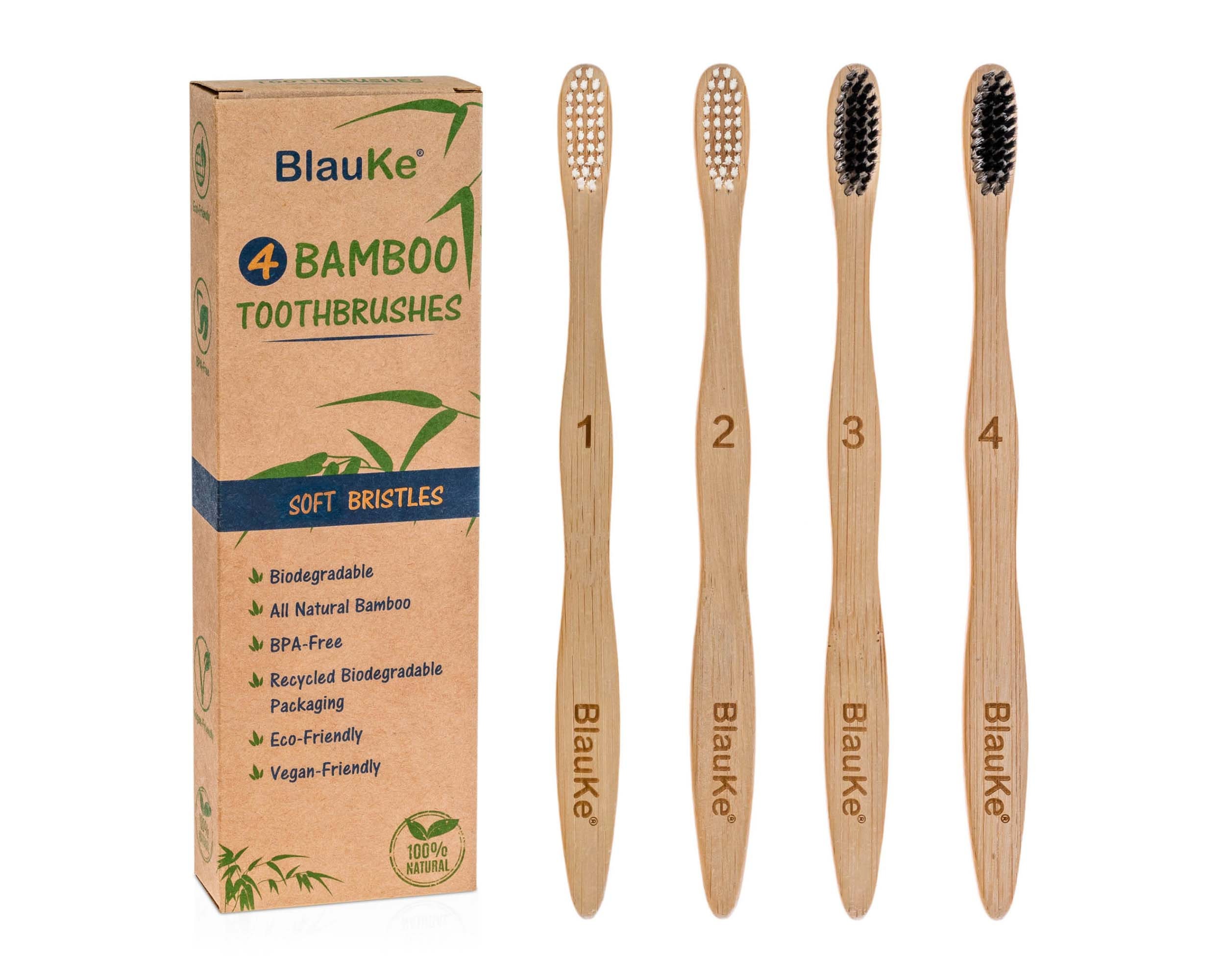 Bamboo Toothbrush Set 4-Pack - Bamboo Toothbrushes With Soft Bristles - Eco-Friendly Biodegradable Wooden Toothbrushes With Charcoal Bristle