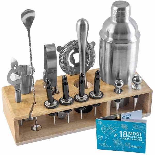 Cocktail Shaker Set with Stand | 17-Piece Mixology Bartender Kit Bar Set | 25oz Martini Shaker, Jigger, Strainer, Muddler, Mixing Spoon