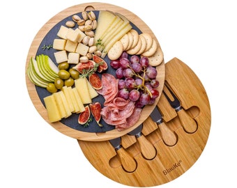 Bamboo Cheese Board and Knife Set - 12" Swiveling Charcuterie Board with Removable Slate - Anniversary Birthday Housewarming Gift