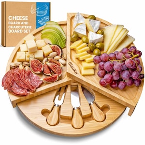 Swiveling Bamboo Cheese Board Set: Charcuterie Platter with Hidden Drawer