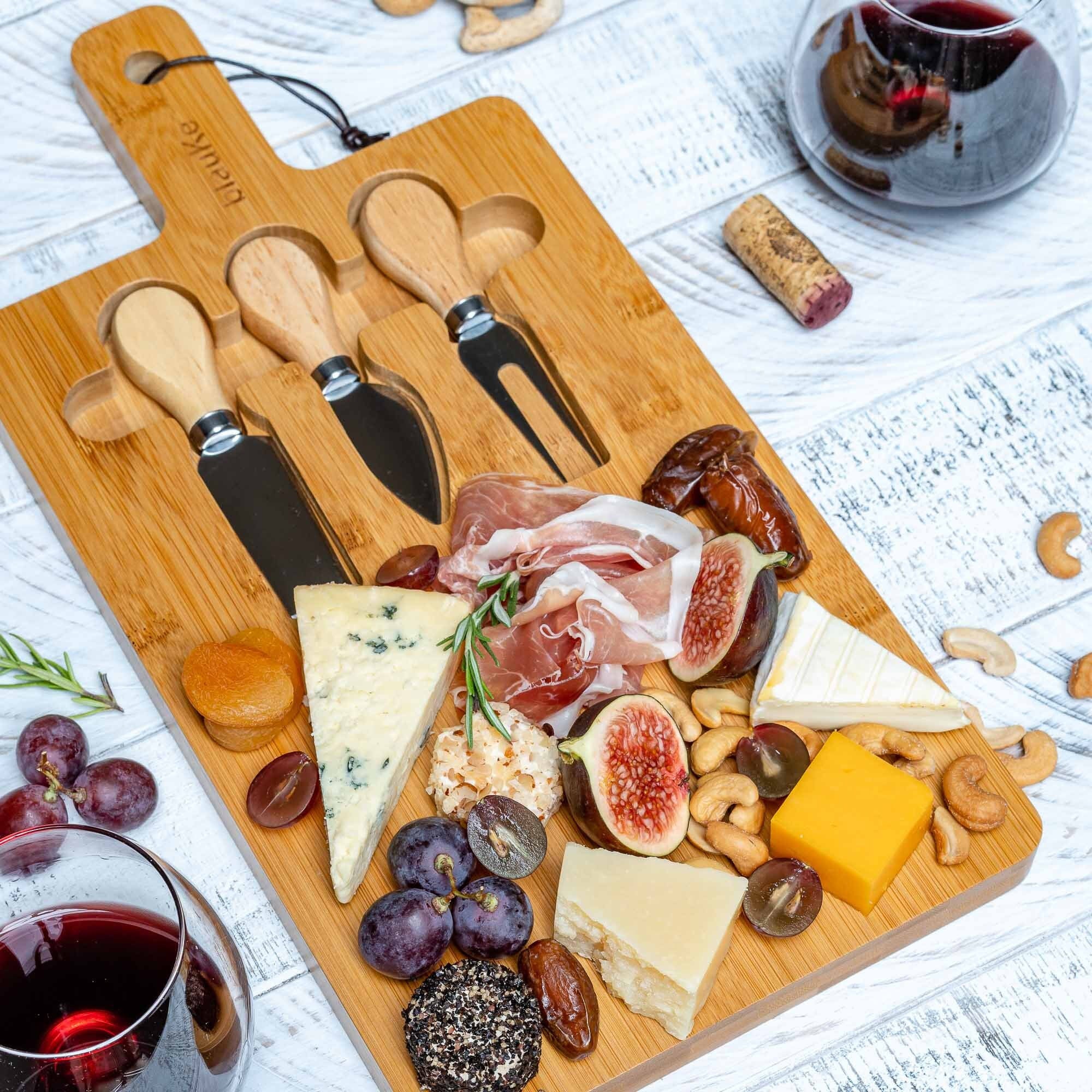 Trieste Large Personalized Cheese Board Set with Cheese Knives - Marble and Wood - Home Wet Bar