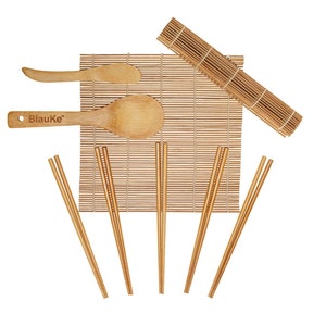 Bamboo Sushi Making Kit with 2 Bamboo Rolling Mats, Chopsticks, Rice Paddle & Spreader - Beginner Sushi Kit with Sushi Mats and Utensils