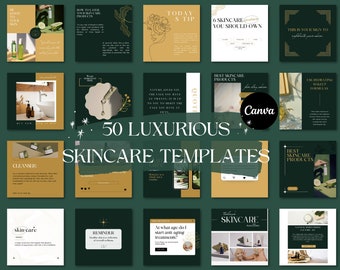 50 LUXURY Instagram Skincare Templates, Esthetician Posts, Canva Templates, Green & Gold Feed, Cosmetics Posts, Instagram Marketing Posts