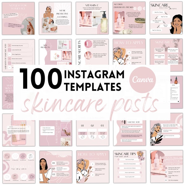 100 Pink Esthetician & Skincare Instagram Templates | Canva Template | Beauty posts | Social Media | IG Feed Engagement | Skincare Branding