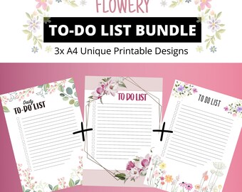 Pacchetto di liste di cose da fare / 3 liste di cose da fare stampabili / Pianificatori di liste minimaliste con fiori A4 / Pianificatore, Elenco di lavoro, Pianificatore di studio / Elenco di attività stampabile