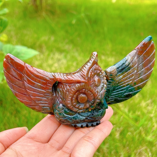 1PC Hand Engraving Natural Ocean Jasper Owl,Halloween Gifts,Reiki Healing,Quartz Crystal Owl,Home Decoration,Crystal animal,Crystal Gifts