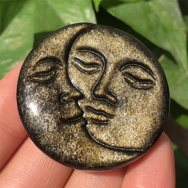 1PC Natural Gold Obsidian Sun Moon,Quartz Crystal Sun Moon,Crystal Carved,Home Decoration,Crystal Collection,Reiki Heal,Crystal Gifts 25g+