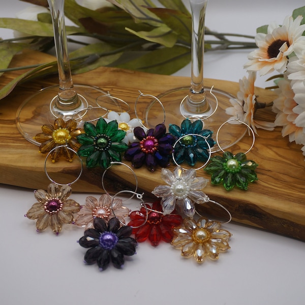 Crystal flower wine glass charms | Handmade | glass beads | Flowers