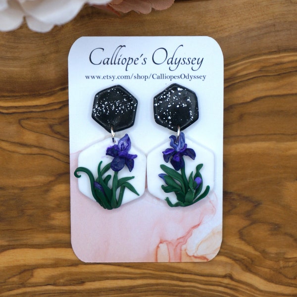 Iris Earrings | Silver Foil | Flower Jewelry | handmade | polymer clay | Hypoallergenic | light weight |