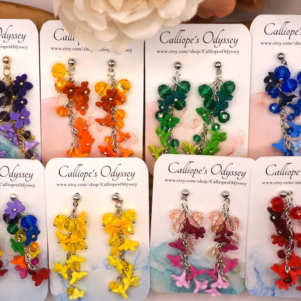 Cascading Ombre flowers and crystal earring | handmade | polymer clay | Hypoallergenic | light weight |