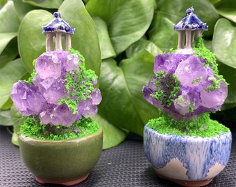 Natural Amethyst Cluster Castle Bonsai,Crystal Bonsai,Hand Carved,Reiki Healing,Crystal Energy,Home Decoration,Crystal Gift,Crystal Healing