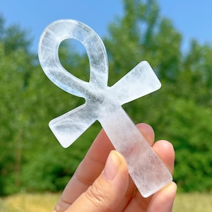 3.6&quot; Natural Clear Quartz Ankh,Quartz Crystal Ankh,Hand Carved,Mineral Sample,Ankh Totem,Home Decor,Reiki Heal,Crystal Energy,Crystal Gift