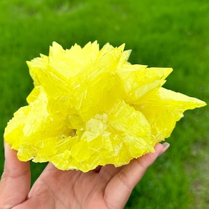 Könnte beinhalten: Ein großer, leuchtend gelber Kristallcluster mit einer scharfen, spitzen Form. Der Kristall wird in einer Hand vor einem grünen Gras Hintergrund gehalten.