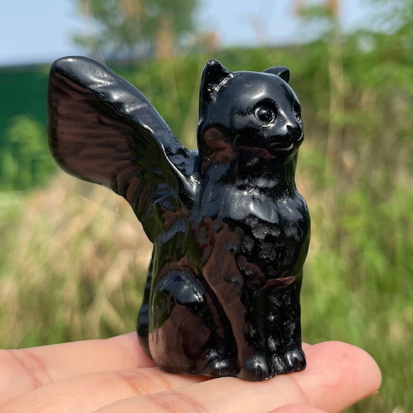 Natural Obsidian Cat Angel,Flying Cat,Hand Carved,Wing CatHome Decoration,Crystal Collection,Crystal Heal,Pet souvenirs,Reiki healing