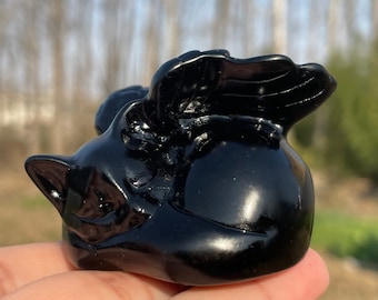 Natural obsidian Cat Angel,Crystal carving cat,Hand Carved,Home Decoration,Crystal Collection,Crystal Heal,Pet souvenirs,Reiki healing