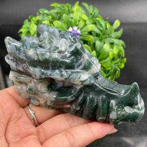 Natural Moss Agate Dragon Skull,Carved Crystal,Quartz Skull,Hand Carved,Home Decoration,Crystal Gifts,Reiki Healing,Home Decoration