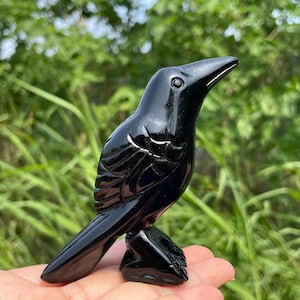 Natuurlijke kraai obsidiaan, met de hand gesneden, gesneden vogel, kristalhealing, kristaldier, woondecoratie, reikihealing, kristallen geschenken