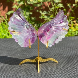 Natural A Pair of Fluorite Wings+ Golden Stents,Wings Of Angel,Mineral samples,Home Decoration,Reiki Heal,Crystal Gifts,Angel&#39;s wing