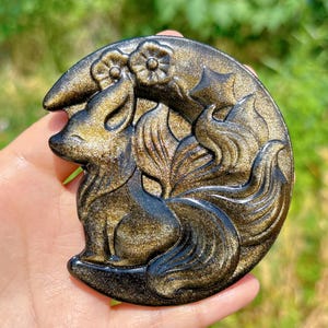 3.3&quot; Natural Gold Obsidian Fox,Quartz Crystal Moon Fox,Crystal Nine-tailed Fox,Mineral Specimen,Reiki Healing,Gifts,Crystal Energy,Rock