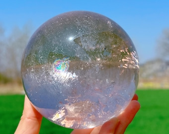 Esfera arcoíris de cuarzo transparente natural de 107 mm, bola de cristal, decoración del hogar, curación con cristales, bola de adivinación, regalo de cristal, objeto de colección de cristal.