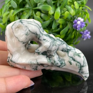 Natuurlijke mosagaat kraaienschedel, kwartskristallen schedel, handgesneden, woondecoratie, geschenken, reikigenezing, kristalgenezing