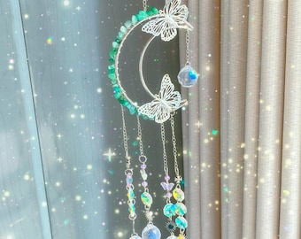 Green Aventurine Quartz Half-moon Suncatcher,Healing Crystal Sun catcher,Wall Decor Boho Room Decor, Rainbow Maker,Rainbow Crystal