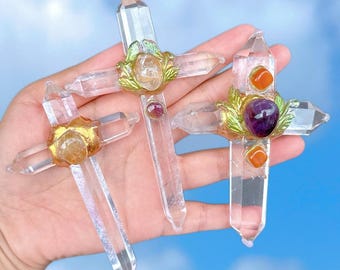4"Natural Clear Quartz Crucifix,Hand Carved Cross,Crystal Point,Clear Quartz Cross,Reiki Healing,Crystal Gift(Random Delivery)