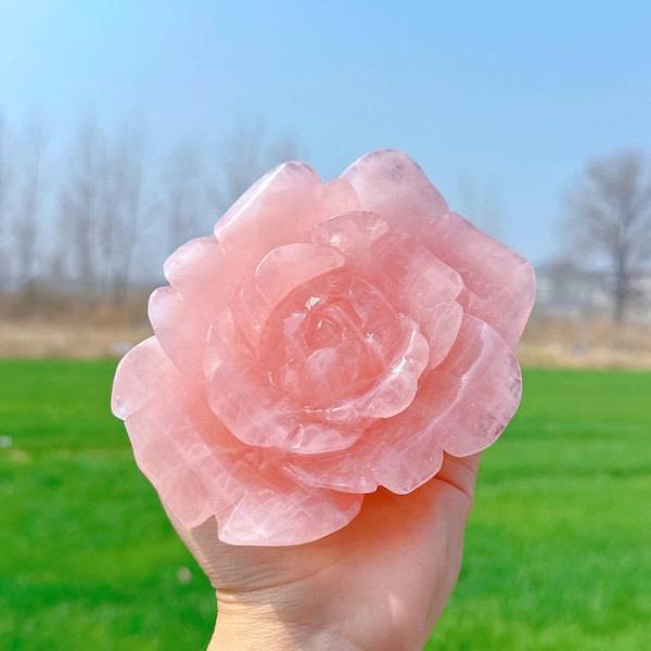 Naturlig rosenkvartsblomma, kvartskristallblomma, kristallsnideri, reikihealing, kristallskulptur, samling, dekoration, energi, kristallgåvor