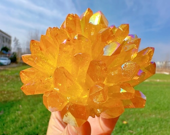 350-450g+ Yellow Aura Crystal Cluster,Crystal Cluster,Titanium Crystal Aura,Mineral Specimen,Home Decor,Reiki Healing,Crystal Gift