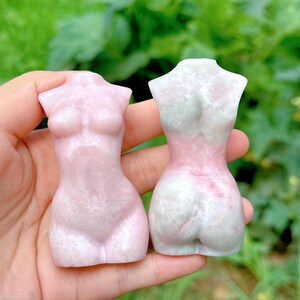 Op de afbeelding: Twee roze en witte gesneden stenen sculpturen van een vrouwelijk torso. De sculpturen zijn glad en hebben een gepolijste afwerking.