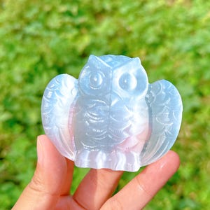 K&ouml;nnte beinhalten: Eine wei&szlig;e Eulenfigur mit detaillierten Fl&uuml;geln und einem durchscheinenden Finish. Die Eule ist mit komplizierten Details geschnitzt und hat ein zartes, &auml;therisches Aussehen.
