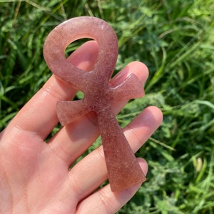 3.6&quot;Natural Strawberry Quartz Ankh,Hand Carved,Ankh Totem,Crystal Healing,Home Decoration,Reiki Healing,Crystal Gifts,Hand Engraving