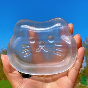 4“Satin Spar Selenite Cat Bowl, Kryształowe przechowywanie biżuterii, Selenite Charging Dish, Miska do medytacji, Kryształowa miska na biżuterię, Oczyszczanie czakry korony