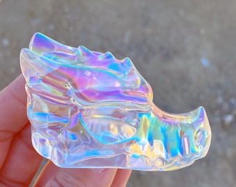 Rainbow Titanium Aura Dragon Head Skull,Carved Crystal,Quartz Skull,Hand Carved,Home Decoration,Crystal Gifts,Reiki Healing,Home Decoration