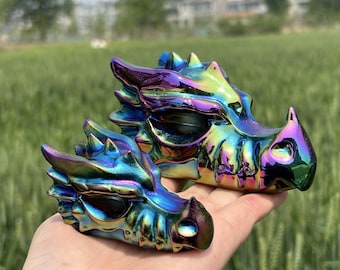 All size Rainbow Titanium Aura dragon Skull,Carved Crystal,Quartz Skull,Hand Carved,Home Decoration,Crystal Gifts,Reiki Heal,Home Decoration