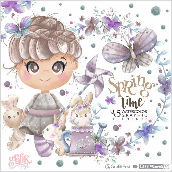 Spring Clipart, Easter Clipart, COMMERCIAL USE, Watercolor Clipart, Floral Clipart, Rabbit Clipart, Bunny Clipart, Butterfly Clipart, Girl