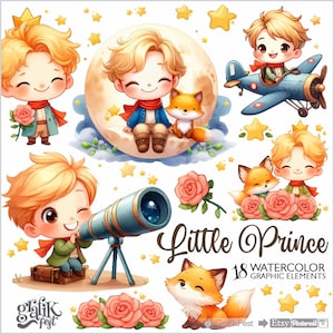 Kleine prins, Cliparts, kleine piloot, aquarel, illustraties, El principito, prins thema, sprookje, jongen clipart, jongen aquarel, schattig