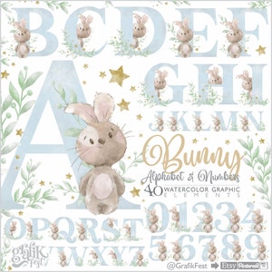 Alfabeto coniglietto, Acquerello, Clipart alfabeto, Numero Acquerello, Alfabeto acquerello, Alfabeto coniglio, Grafica numerica, Monogramma Clipart