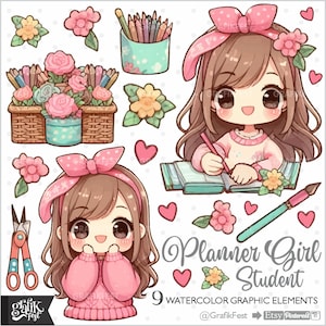 学生のクリップアート、新学期、プランナーの女の子、クリップアート、プランニングのクリップアート、学生の女の子、学校のクリップアート、プランナーのクリップアート、水彩画、教師