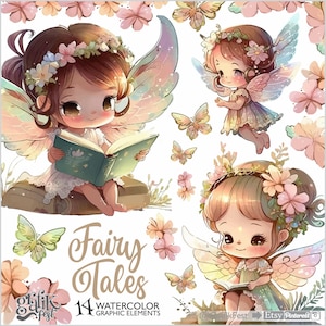 Fairy Clipart, Fairy Graphics, Watercolor, Reading, Book Lover, Spring Clipart, Spring Graphic, Clipart, Watercolor Clipart, Fairytale