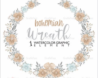 Bohemian Wreath, Boho Wreath, Wreath Watercolor, Wreath Clipart, Wreath Frame, Wreath Graphic, Leaf Clipart, Invitation Watercolor, Wedding