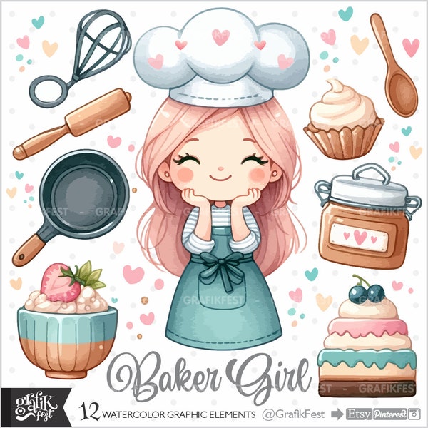 Banketbakker, clipart, bakken clipart, Baker meisje, chef-kok clipart, schattige Baker, karakter, keuken klusjes, bakken partij, taart clipart, chef-kok meisje