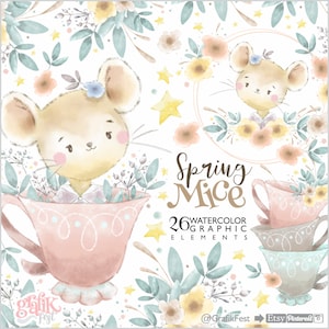 Clipart souris, Clipart printemps, Clipart aquarelle, Fleur, Clipart souris, Aquarelle fleur, Illustration souris, Illustration enfants, Bébé