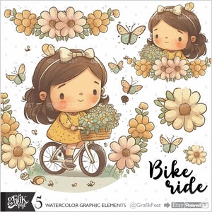 Giro in bicicletta, Clipart, Clipart bici, Clipart ragazza, Clipart avventura, Clipart di viaggio, Clipart primaverile, Clipart fiore, Illustrazione, PNG, Carino