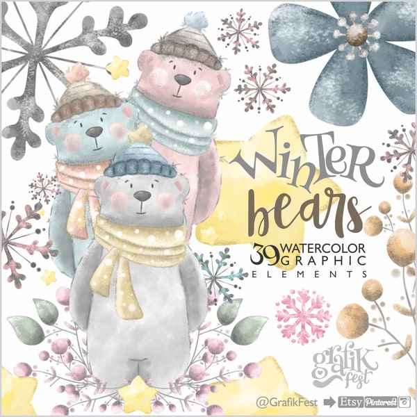 Winter Clipart, Watercolor Clipart, COMMERCIAL USE, Bear Clipart, Winter Bear Clipart, Winter Graphics, Winter Watercolor Clipart, Winter