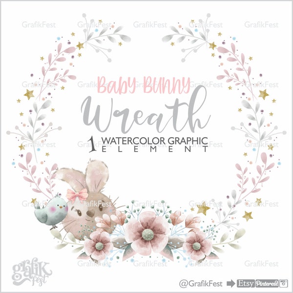 Baby Wreath Clipart, Wreath Watercolor, Wreath Bunny, Wreath Graphic, Invitation Watercolor, Watercolor Clipart, Illustration, Baby Frame