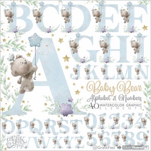 Alphabet ours, Aquarelle, Clipart d’alphabet, Aquarelle de nombre, Aquarelle d’Alphabet, Alphabet nouveau-né, Graphiques numériques, Clipart de monogramme