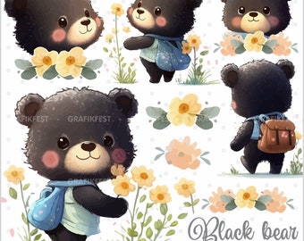 Bear Clipart, Black Bear, Woodland Clipart, Woodland Graphics, Bear Graphics, Animal Clipart, Walk Clipart, Watercolor, Png, Happy Bear, Png